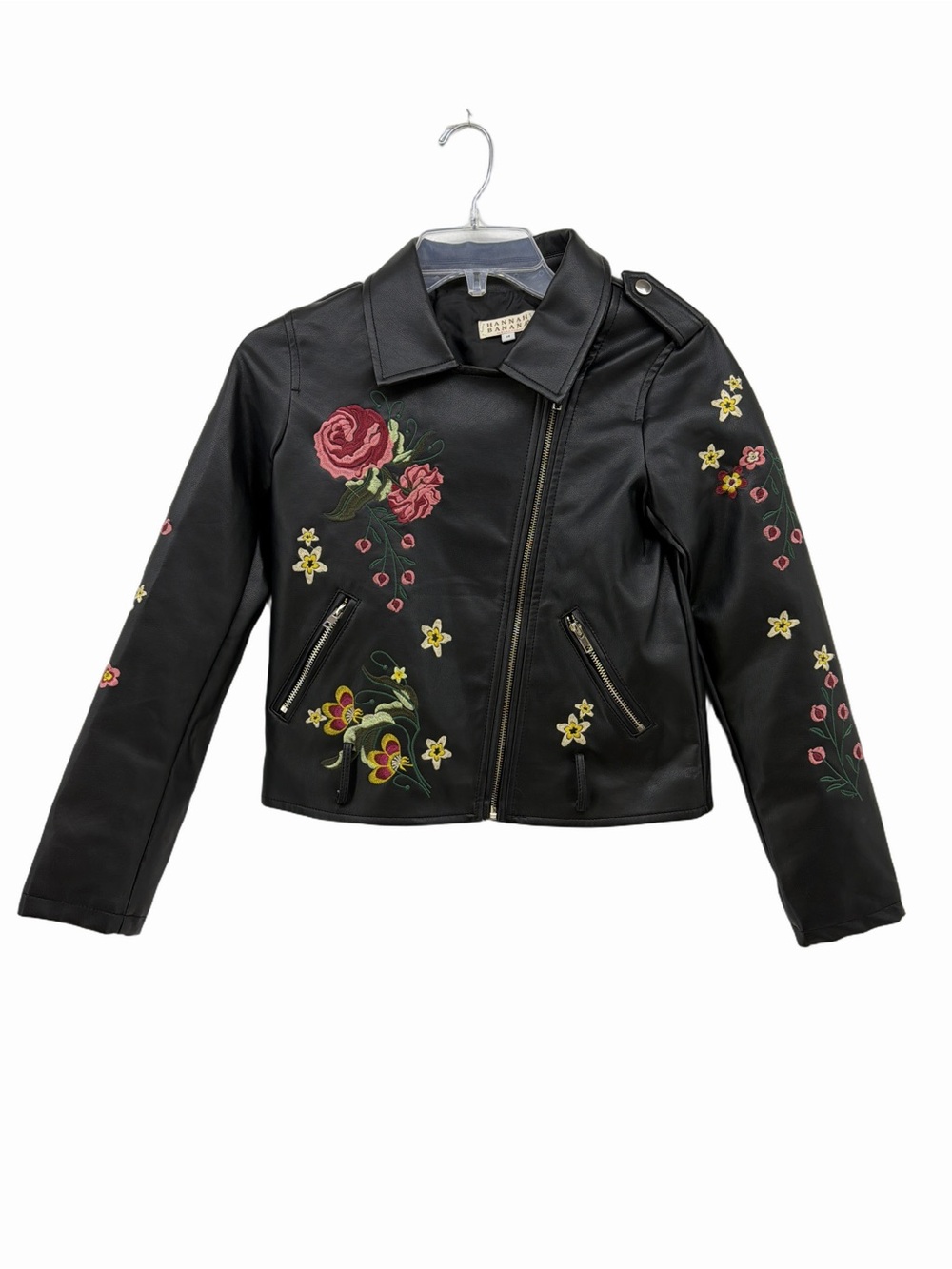 Hannah Banana Black Faux Leather Jacket with Floral Embroidery